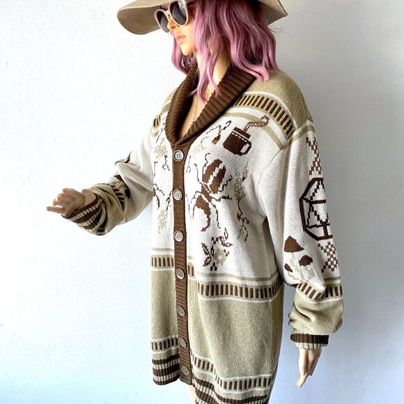Mulitcolored Cardigan Sweater Novelty Print Unique Fashion Quirky Grandpa Granny - Picture 8 of 9